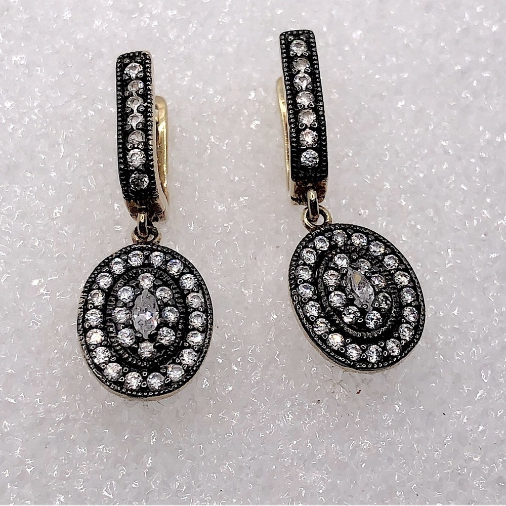 Vtg Sterling Silver CZ Gold Tone Antique Style Earrings Oval Drop w Halo 1.2”
